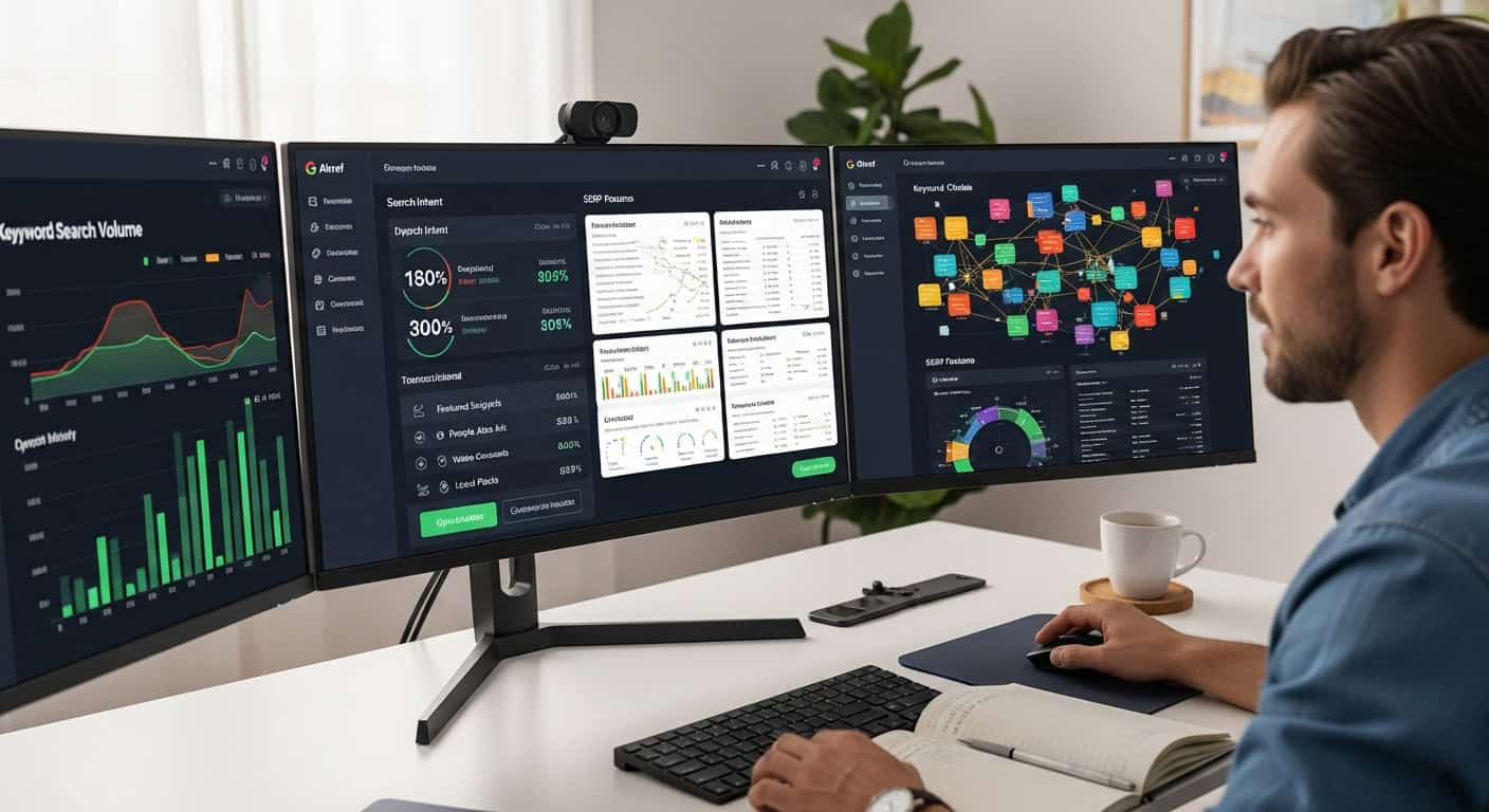 <figure class= Man using SEO tool Ahrefs on three monitors, analyzing keyword data, search intent, and keyword clusters.
